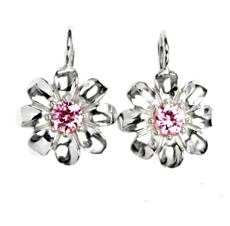 Stříbrné náušnice kytička pink zirkon - NK1389