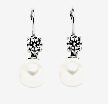 Stříbrné visací náušnice zirkon , Swarovski perla bílá - VE221