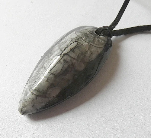 Přívěsek na kůži , zkamenělá fosílie Orhoceras Maroko