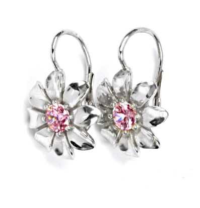 Stříbrné náušnice kytička pink zirkon - NK1389