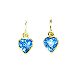 Zlaté dětské náušnice srdíčka Swarovski akvamarine - NK1315 - žluté zlato