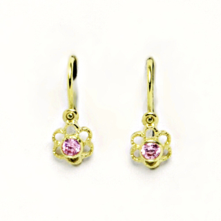 Zlaté dětské náušnice kytičky pink zirkon - VE197  žluté zlato