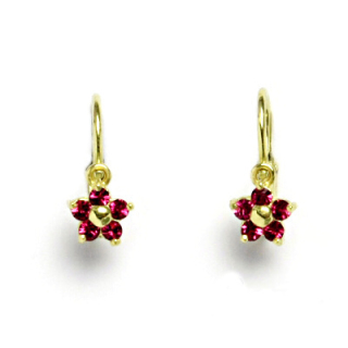 Zlaté dětské náušnice kytičky Swarovski fuchsia  - NK1391 žluté zlato