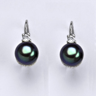 Zlaté náušnice přírodní perla černá ,čirý zirkon - NK1207 - bílé zlato