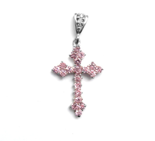 Stříbrný přívěsek křížek pink zirkony - P1021